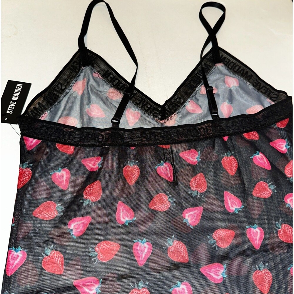 NWT Steve Madden Cami Pajama Top M Black‎ Lace Mesh Red Strawberry Sleeveless - Picture 3 of 9